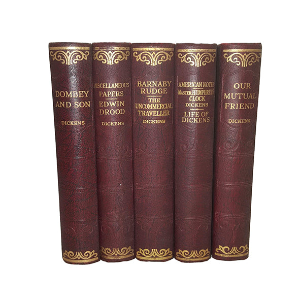 Charles Dickens 5 Burgundy Books - Hazell, Watson &amp; Viney