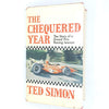 vintage-thrift-old-books-the-chequered-year-antique-sport-white-1970-classic-red-racing-grand-prix-decorative-ted-simon-country-house-library-formula-1-patterned-