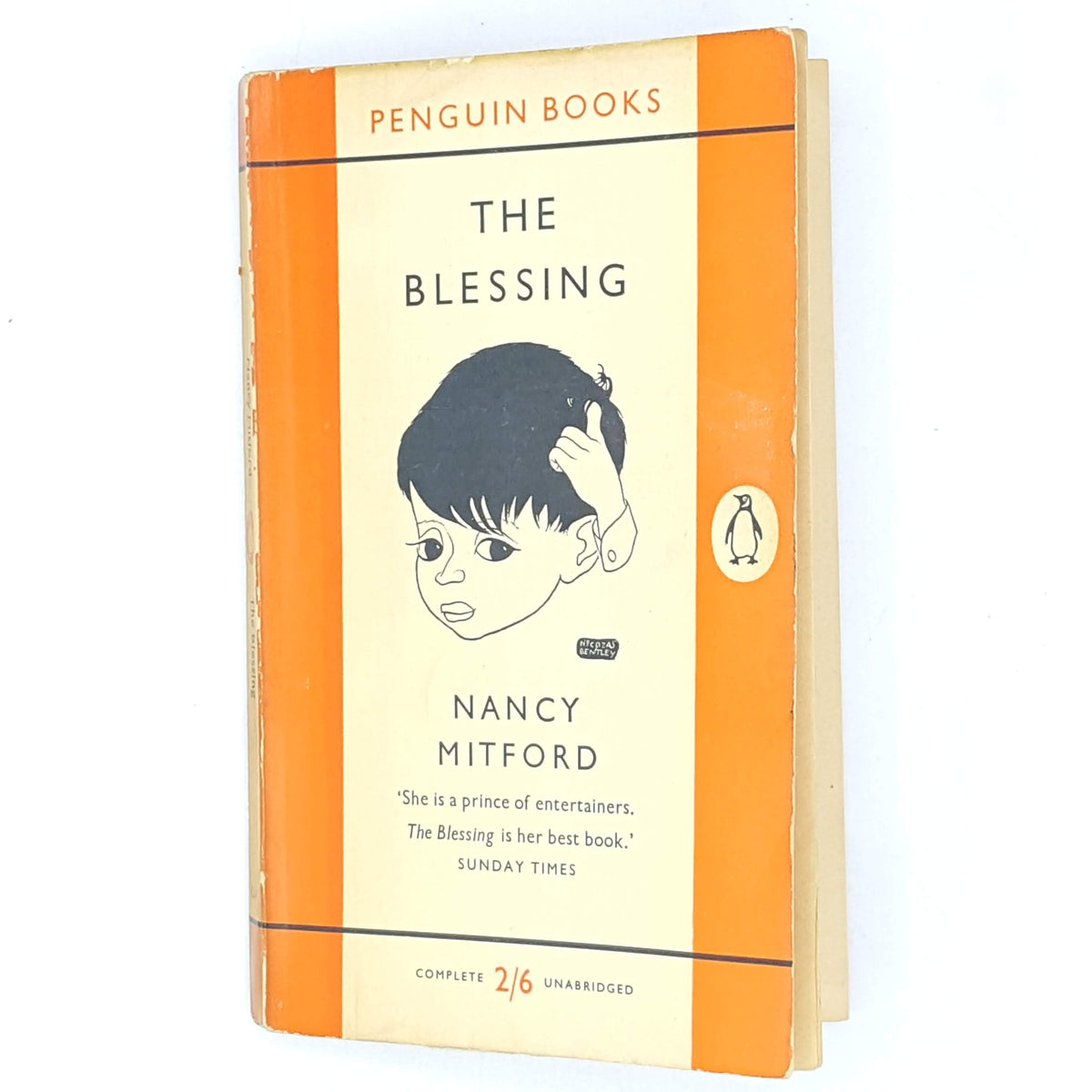 books-classic-country-house-library-penguin-old-patterned-thrift-vintage-the-blessing-nancy-mitford-orange-antique-decorative-1957-