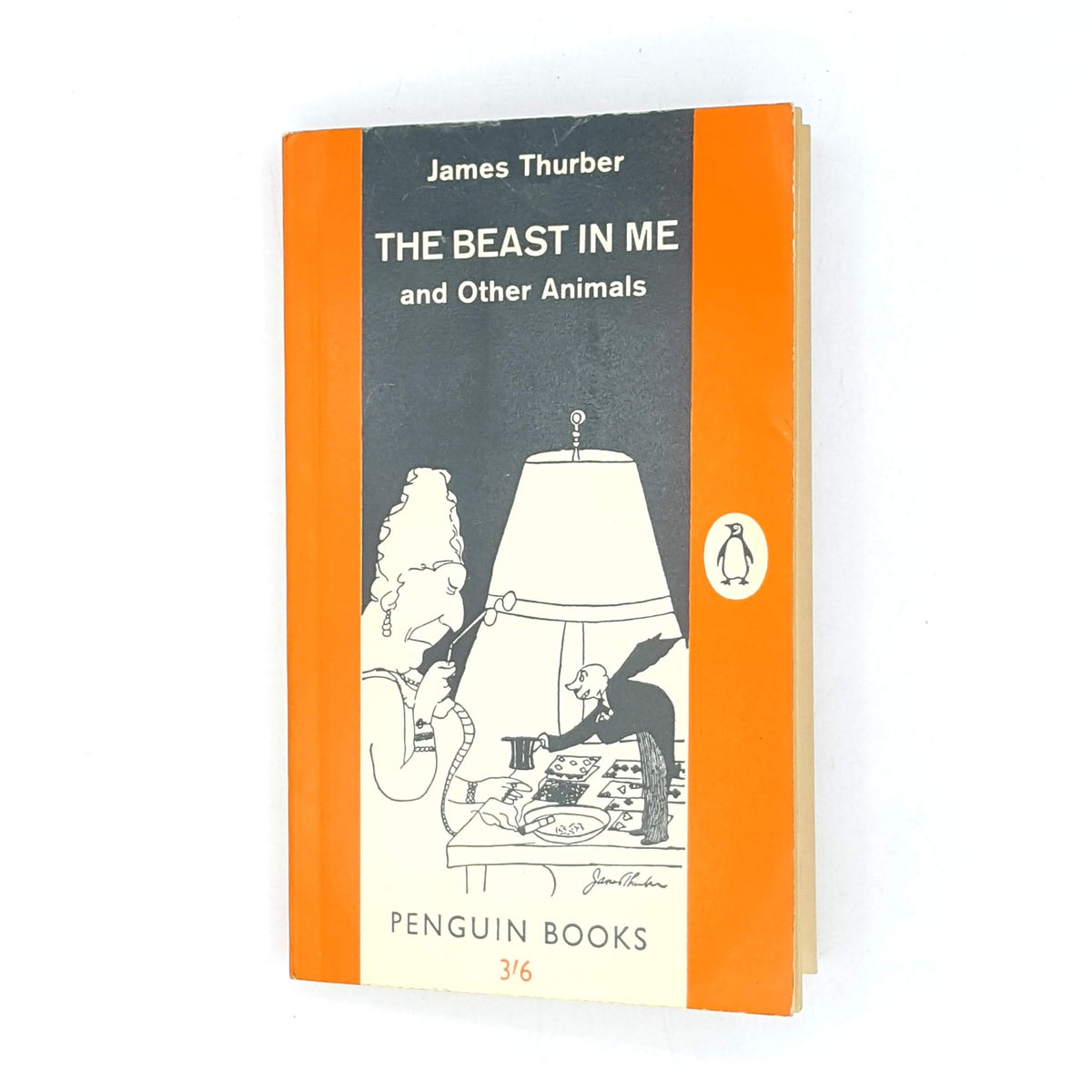 patterned-decorative-thrift-collection-vintage-1961-antique-penguin-james-thurber-country-house-library-classic-the-beast-in-me-short-stories-old-orange-books-