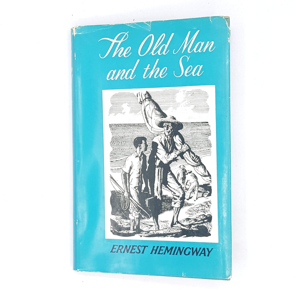classic-old-antique-decorative-the-old-man-and-the-sea-jonathan-cape-books-patterned-country-house-library-ernest-hemingway-illustrated-thrift-1972-blue-vintage-