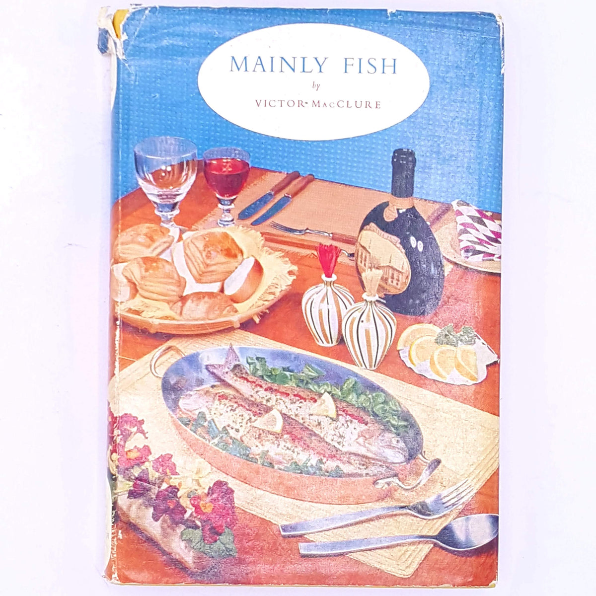 thrift-decorative-patterned-hobby-books-vintage-country-house-library-cookbook-antique-cooking-tea-recipes-Mainly-Fish-by-Victor-MacClure-classic-baking-dinner-old-