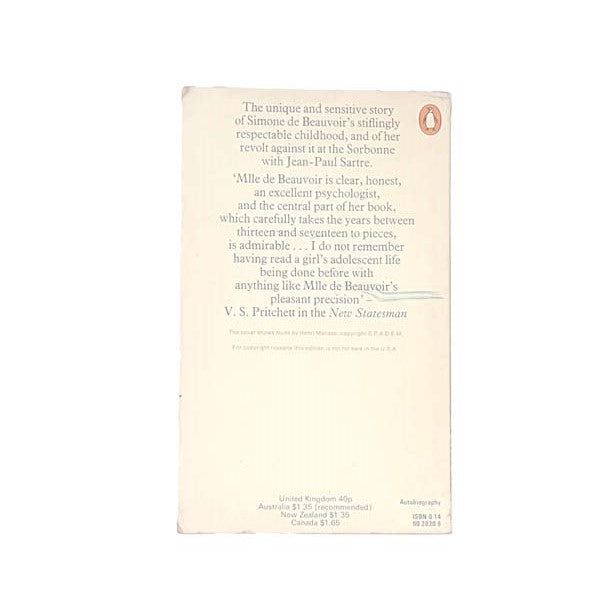 Memoirs of a Dutiful Daughter by Simone de Beauvoir , penguin,1973