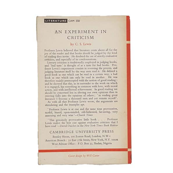 C.S. Lewis' An Experiment in Criticism 1965