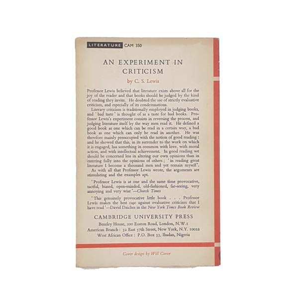 C.S. Lewis' An Experiment in Criticism 1965