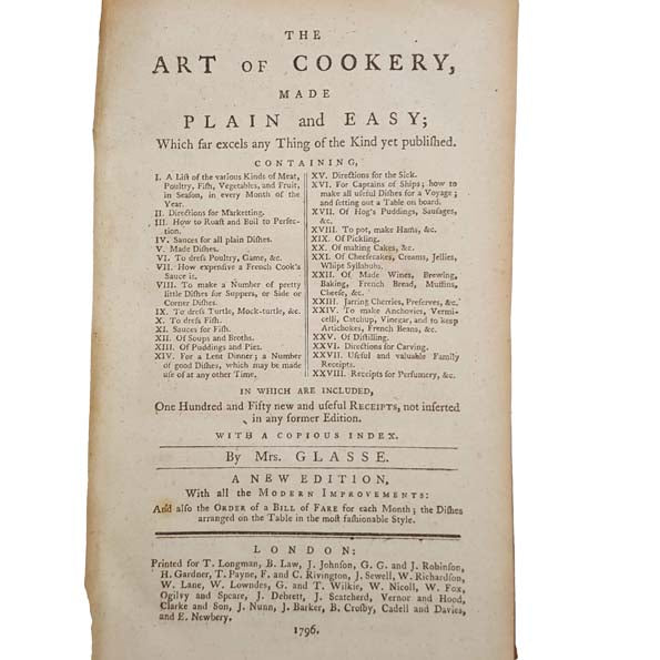 The Art of Cookery Made Plain and Easy by Mrs. Glasse, 1796